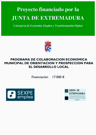 Imagen Proyecto financiado por la JUNTA DE EXTREMADURA Consejería de Economía, Empleo y Transformación Digital: PROGRAMA DE COLABORACION ECONOMICA MUNICIPAL DE ORIENTACION Y PROSPECCION PARA EL DESARROLLO LOCAL